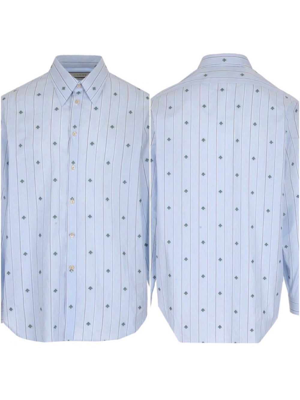 Gucci Light Blue Striped Button-Down Shirt with Green Bees